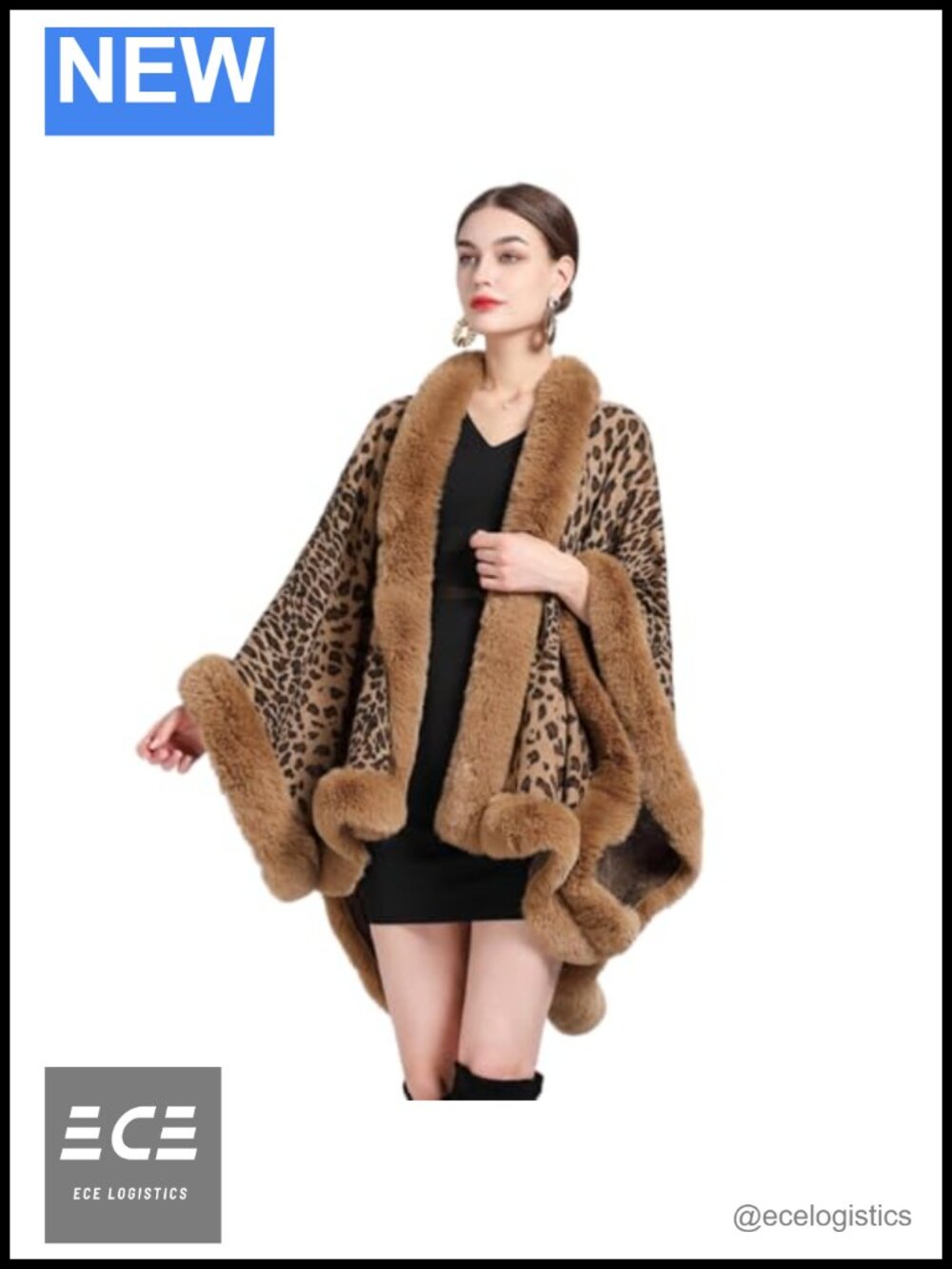 Faux Fur Trimmed Leopard Print Cape Shawl Winter Wrap One Size